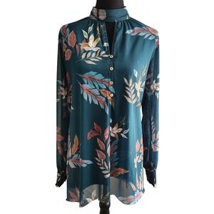 GIMMICKS Pullover Tunic Blouse Women Small Green Floral Asymetric Fairy‎ Flowy M